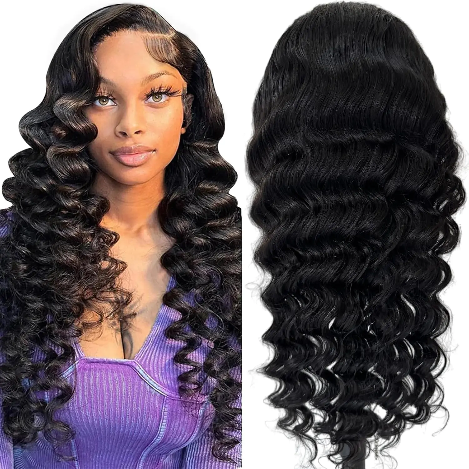 30 Inch 200 Loose Body Wave Wigs Blended Human Hair Synthetic Loose Deep Wave Wig Loose Wave Lace Front Wigs Pre Plucked 13x4 Deep Wave Wigs for Women HD Transparent Lace Frontal Wig Natural Black Hairline