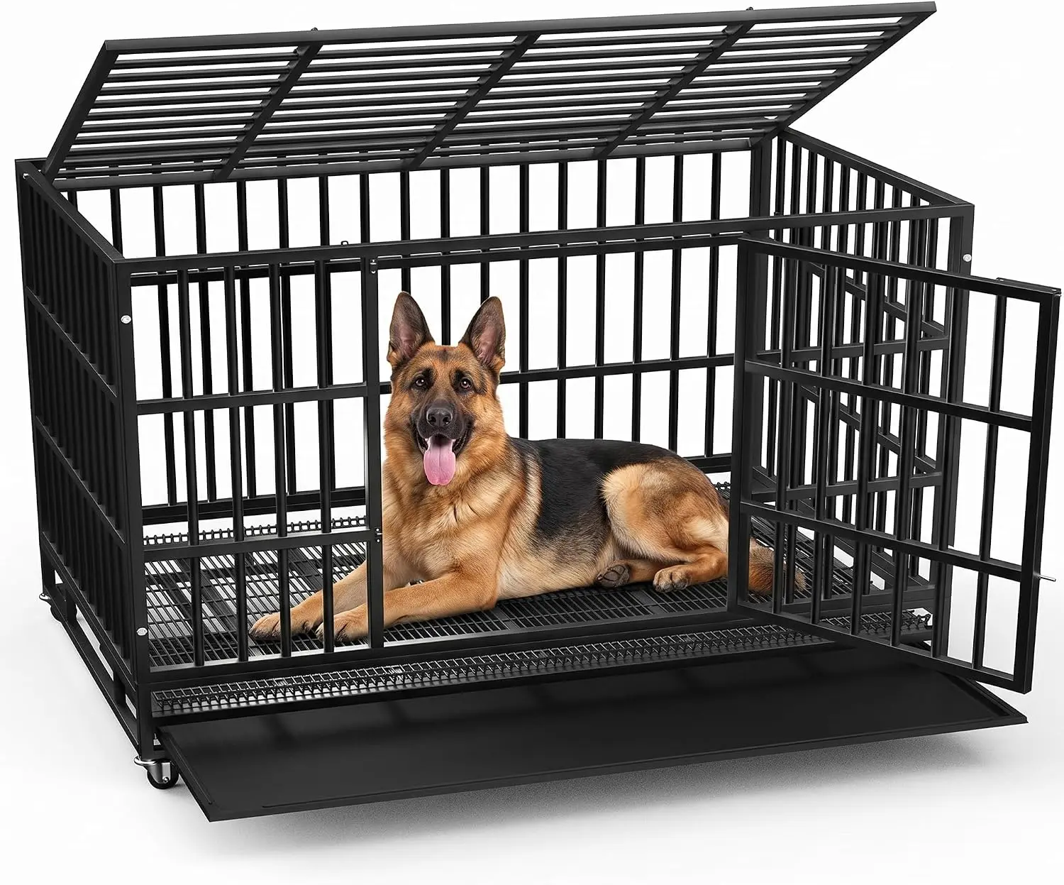 LEMBERI 48/38 inch Heavy Duty Indestructible Dog Crate, Escape Proof Dog Cage Kennel with Lockable Wheels,High Anxiety Double Door,Extra Large Crate Indoor for Large Dog with Removable Tray