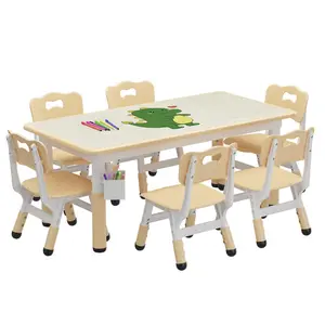 Kids Wood Table and 6-Chair Set with Storage Box, Height-Adjustable Toddler Set with Graffiti Desktop & Non-Slip Legs, Children’s Activity Furniture for Ages 2-10 (Home, Daycare Use)
