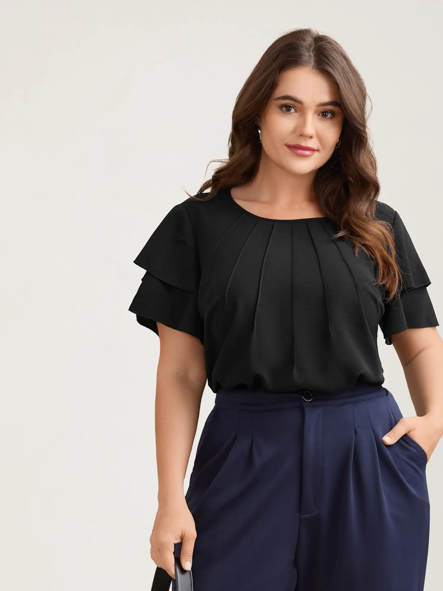 BloomChic Women's Plus Size Polyester Blouse, Solid Business Casual Office Top with Layered Ruffles and Toothpick Pleats, Garment, Shirts, Fabric, Office Work Clothes, Corporate Office Wear