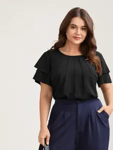 BloomChic Women's Plus Size Toothpick Pleat Layered Ruffle Short-Sleeve Blouse, 100% Polyester Fabric Garment, Regular Fit Business Casual Office Top, Black Plus Size Clothes, M-6X 2026 Summer Essential,summerwins,Spotlight,Summer wins,Deals for you days
