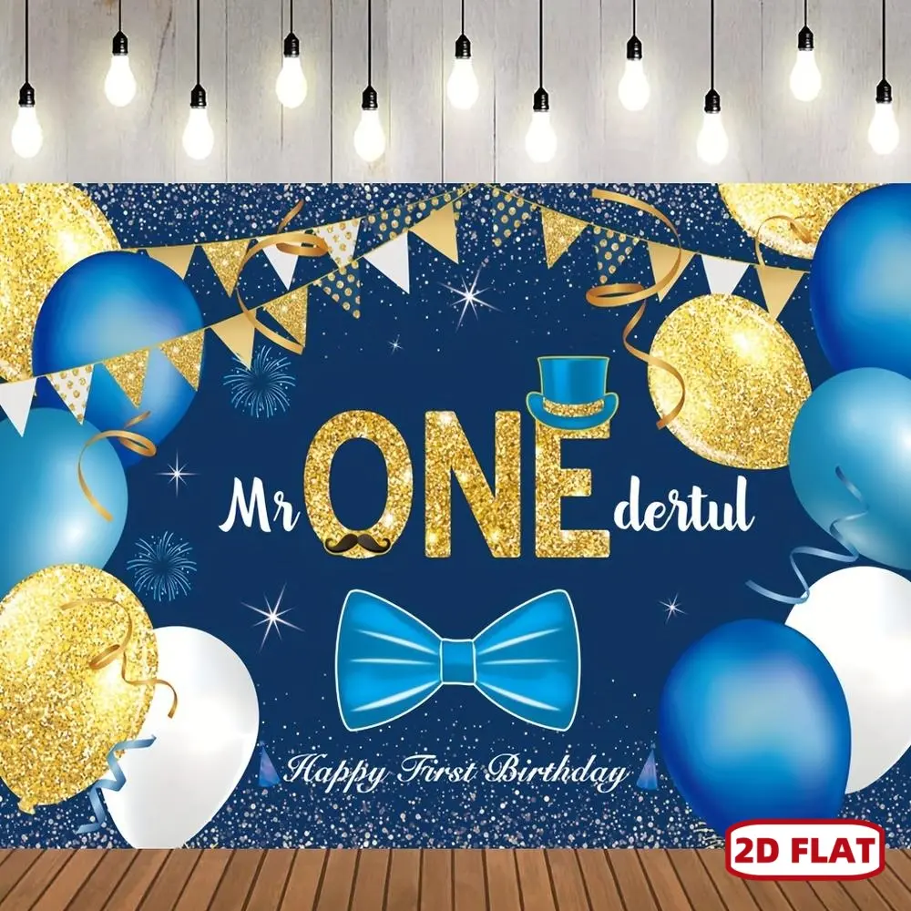 1pc Polyester Fiber 2D Flat Mr. Onederful Boys’ 1st Birthday Backdrop Decor - Blue & Golden Flat Banner, Ideal for Boys’ Parties, Party Props & Banners