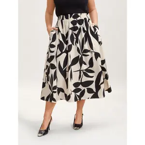 Women's Midi Skirt in a Timeless Apricot Floral Print, Loose Fit with a Stretchy Waist and Pockets, Polyester Spandex Fabric, Bottom