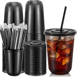 50/100 Set 16oz 500ml Disposable Plastic Cups with Lids & Straws Black Clear Iced Coffee Cups Round Bottom for Smoothie Slushie Lemonade Coffee Shop Party Supplies