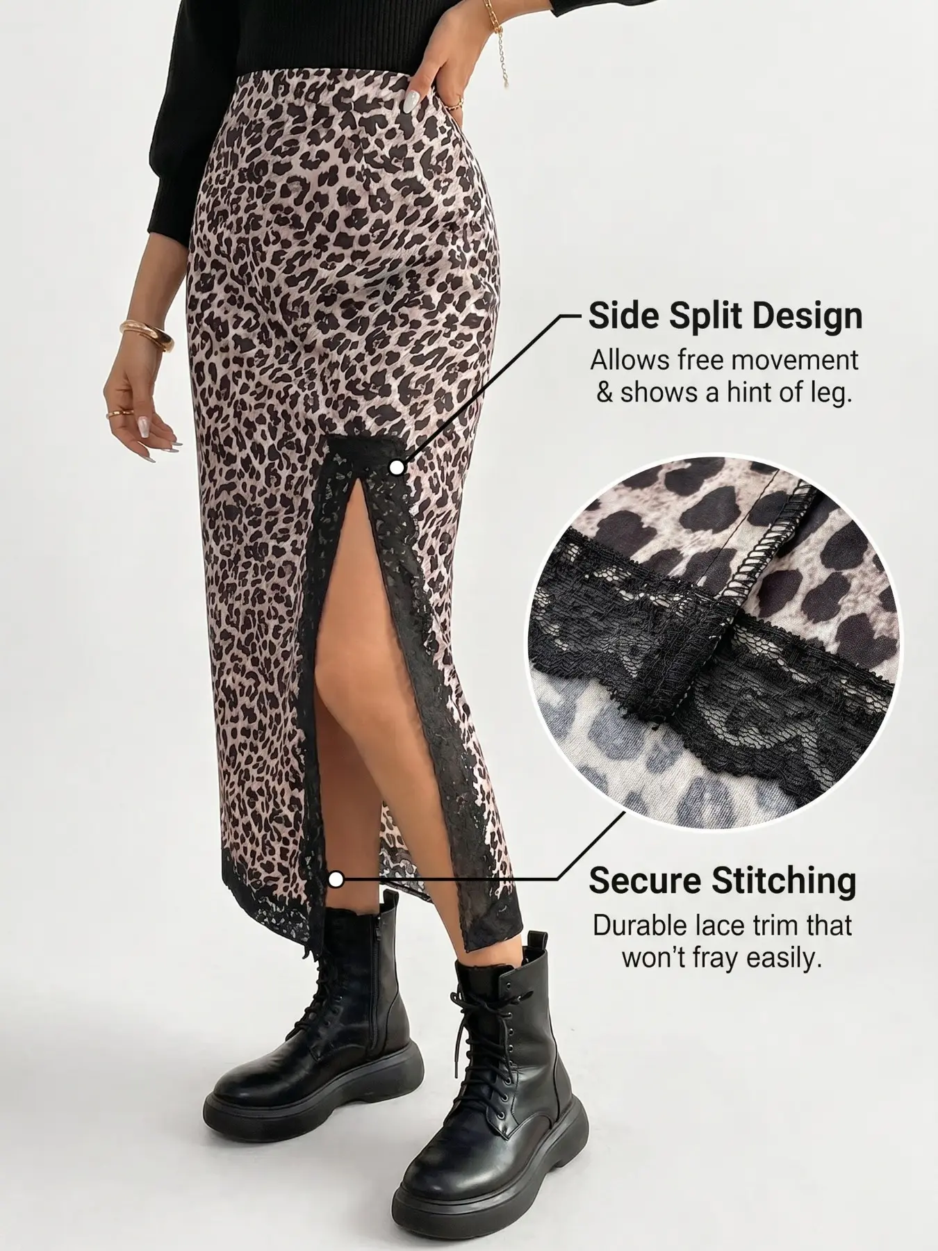 Women Leopard Print Contrast Lace High Waist Midi Skirt, Casual Fitted Woven Fabric, Thin Style for All Seasons, Leopard Printed Skirt, Casual Skirts