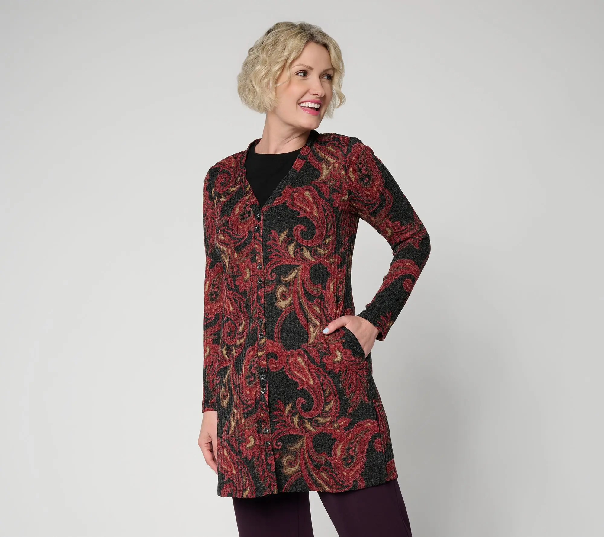 Susan Graver Petite Printed Sweater Rib Knit Button Front Duster