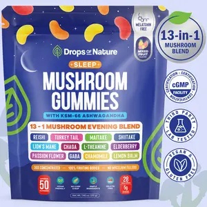 [OFFICIAL STORE] Drops Of Nature Mushroom Sleep Gummies Melatonin-Free | KSM-66 Ashwagandha, Turkey Tail, Lion's Mane, Chaga, L-Theanine, Elderberry, Passion Flower, GABA, Chamomile, Lemon Balm | Vegan Mushroom Supplement | Mixed Fruit, 50 Gummies