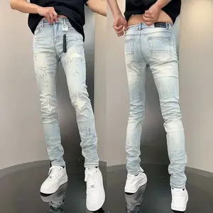 New Korean Luxury Clothing High Jeans for Men Fashion Slim Fit Pencil Pants with Holes Summer Casual Denim Trousers Male