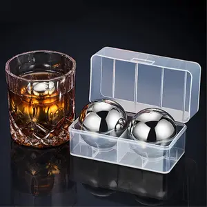 Set of 2 Stainless Steel Ice Cubes with Box, Reusable Balls 2.2" for Red Wine, Whiskey, Bar Beer