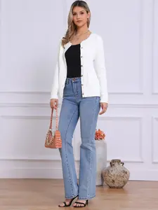 INSPIRE CHIC Women's Cable Knit Cardigan Sweater Button Down Long Sleeve Crew Neck Casual Coats White