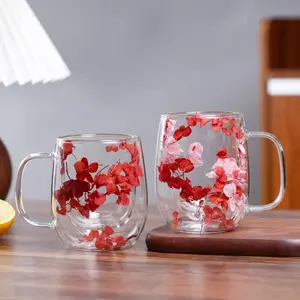 2-Pack Red Preserved Flower Double Wall Glass Mugs, 350ml Large Capacity Transparent Borosilicate Coffee and Milk Cups. Ins Style Aesthetic Couple Cups, Perfect Mother's Day Gifts. Home & Office Desktop Water Cups, Holiday & Couple Gifts.