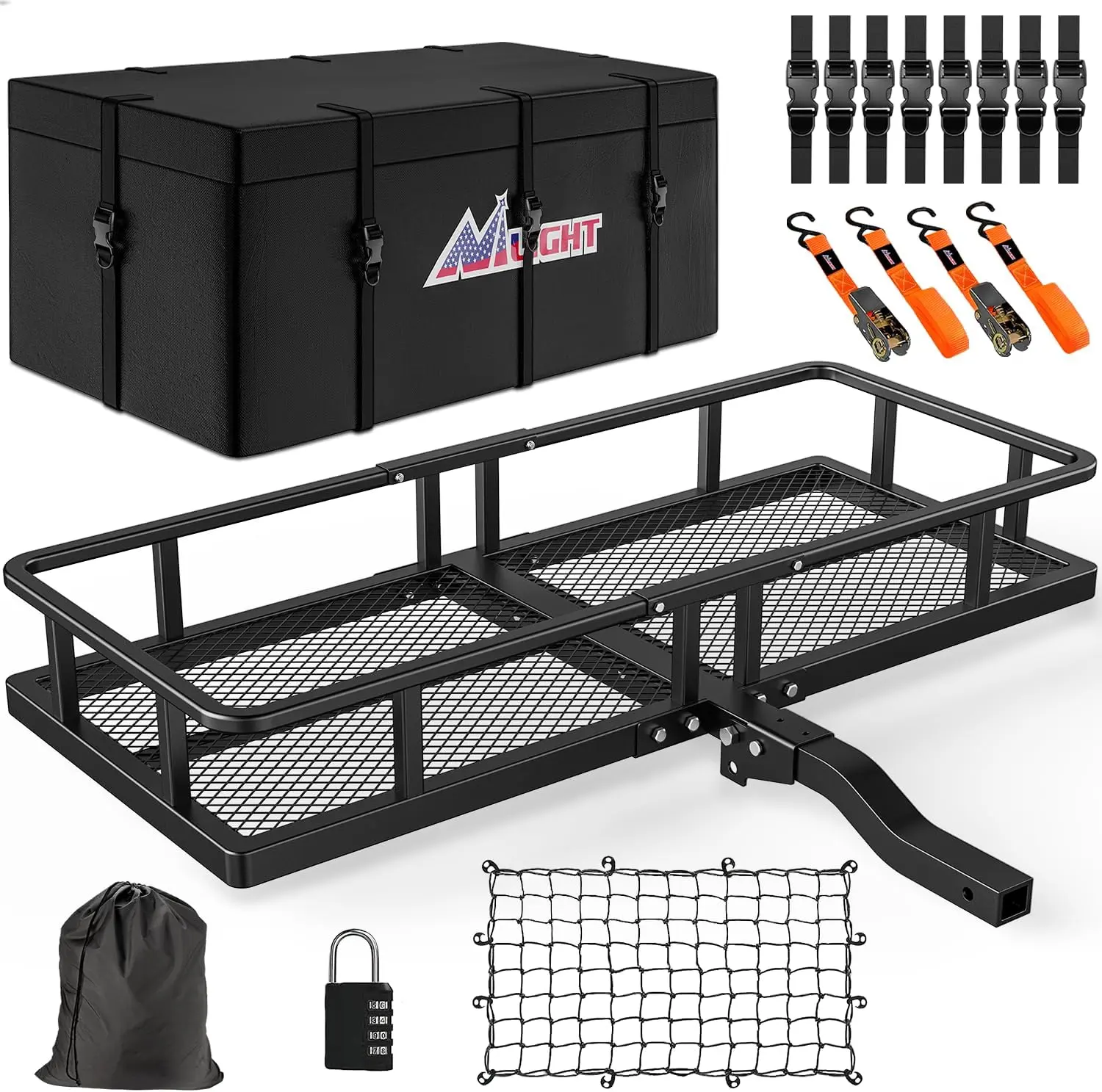 Nilight Folding Hitch Cargo Rack, 60x20x7.87in, 500lbs Capacity, Easy Installation, 2-inch Hitch Receiver Fit, W/ Waterproof Bag, Cargo Net, Ratchet Straps, Van Accessories, Vehicle Accessories for SUV Camping, Universal Car Accessories