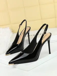 1991 Fashionable European Style Patent Leather Pointed Toe High Heels, Sexy Backless Slip-On Design, Elegant Stiletto Shoes for Women