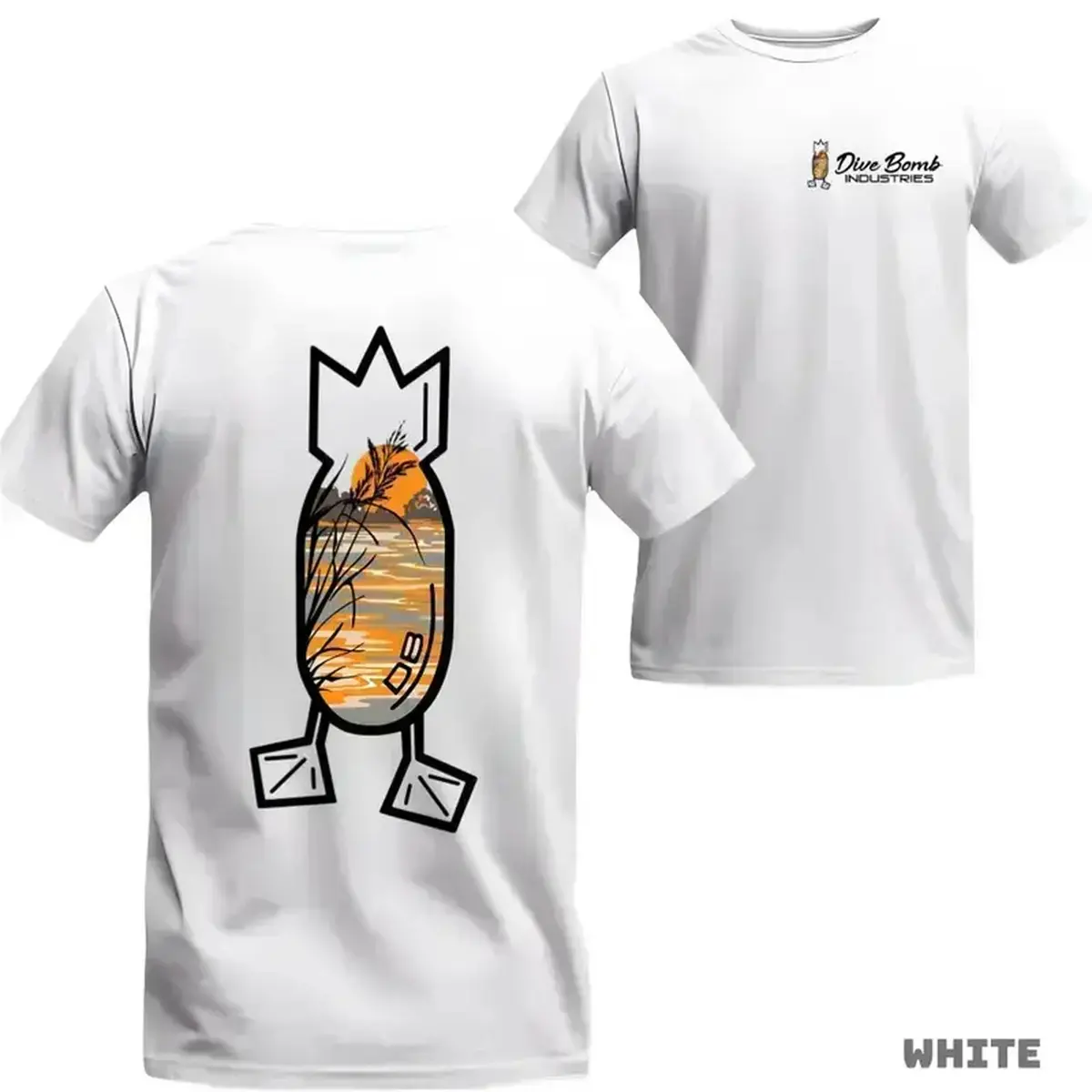 Women's Unisex Boxy Fit Heavyweight Short Sleeve Round Neck Tee - Dive Bomb Industries, Sunset Outdoor Scene Logo, Waterfowl Graphic, Hunting Streetwear Casual Top, Short Sleeve Tops