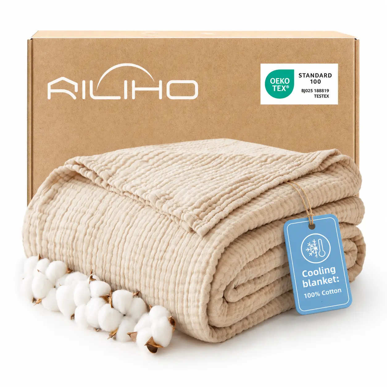 RILIHO 6-Layer Traditional 100% Pure Cotton Muslin Cooling Blanket - Hot Sleeper Relief, Soft Cozy Blanket, Woven Breathable Lightweight Throw, Machine Washable Flat Weave Solid Hue Decorative Bedding Cover