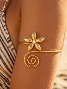 Boho Floral Spiral Arm Ring, Adjustable Cuffs Silver Color Women's Upper Arm Bracelet, Beach Vacation Style Jewelry, Fashion Accessory