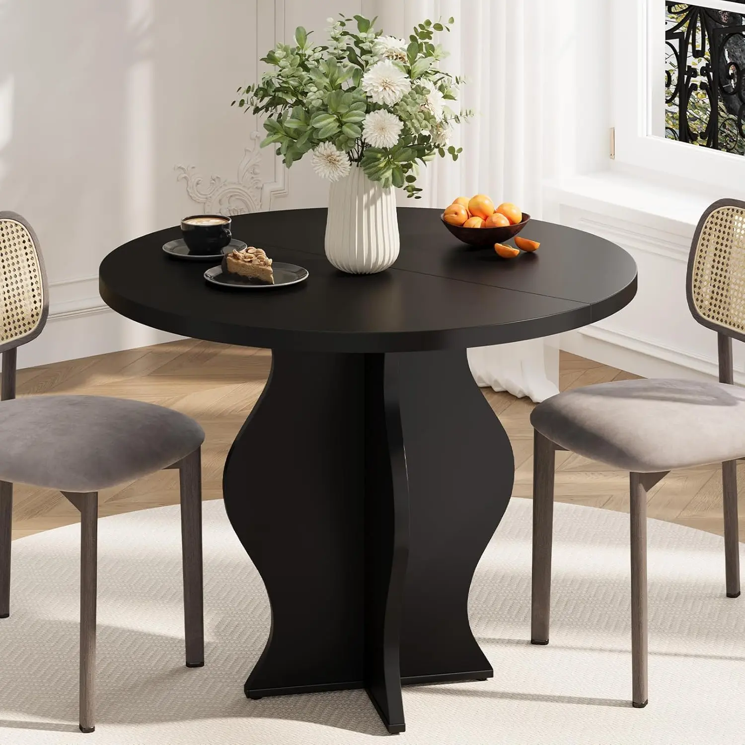 31.5 in Small Round Dining Table - Modern Farmhouse Wood Table with Pedestal Base & Spill-Resist Top, 4-Seater Indoor Furniture for Kitchen & Dining Room
