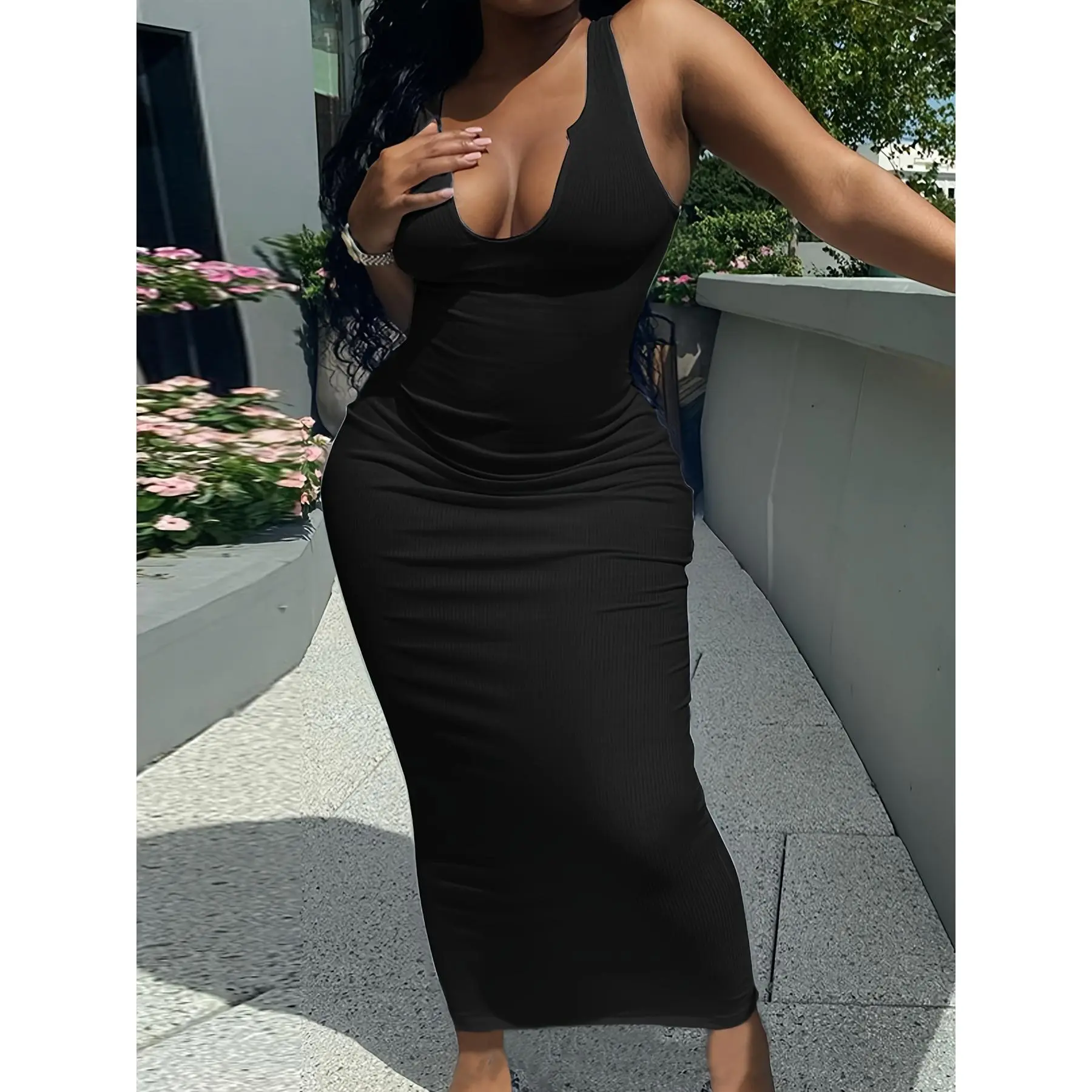Women's Solid Notched Neck Sleeveless Fitted Bodycon Tank Dress - Polyester-Elastane Knitting Sheer Fabric, Mid Elasticity, Casual Sports Outerwear for Spring-Summer, Dry Clean & Machine Washable