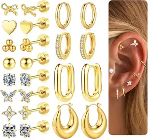 Flat Back Stud Earrings for Women - 14K Gold Chunky Hoop Earrings Hypoallergenic Earring for Sensitive Ears Earring Set for Multiple Piercing Jewelry Gifts