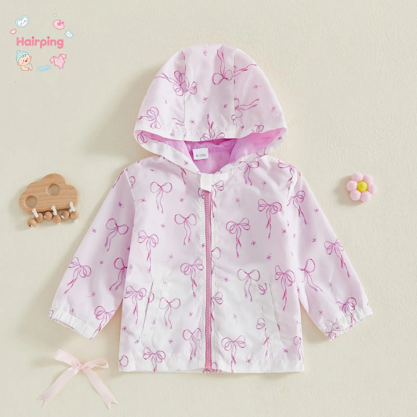 Toddler Girls Jacket Bowknot Print Zipper-Up Hooded, Long Sleeve Coat Fall Kids Clothes Outerwear, Casual Baby Girls Jacket