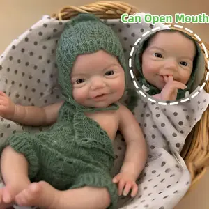 13Inch/33CM Cuddly Reborn Silicone Boy Doll Can Open Mouth Handmade Painted Skin Full Body Soft Solid Silicone Boy Doll With Visible Veins Cute Green Sweater Lifelike Newborn Baby Dolls Perfect Gifts For Birthday