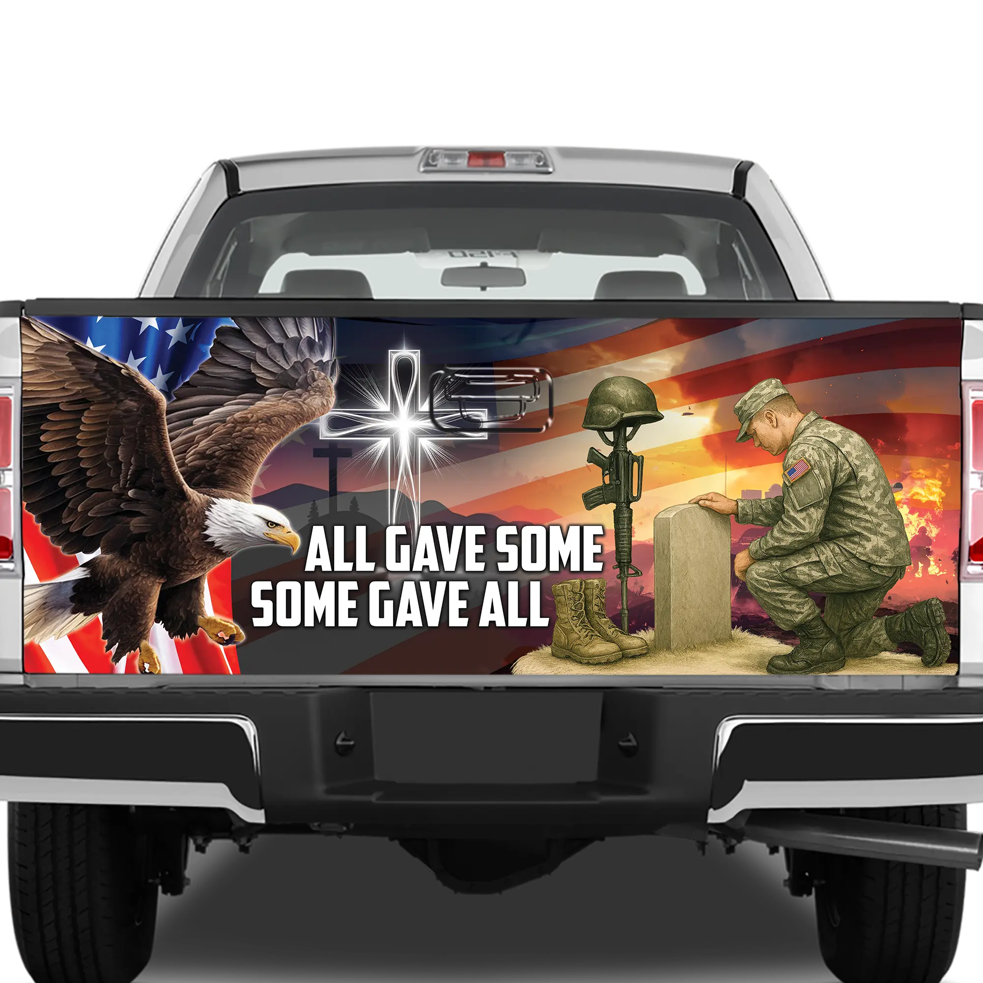 US Veteran Eagle Tailgate Wrap – Patriotic USA Flag Pickup Decal Military Style Truck Back Graphic