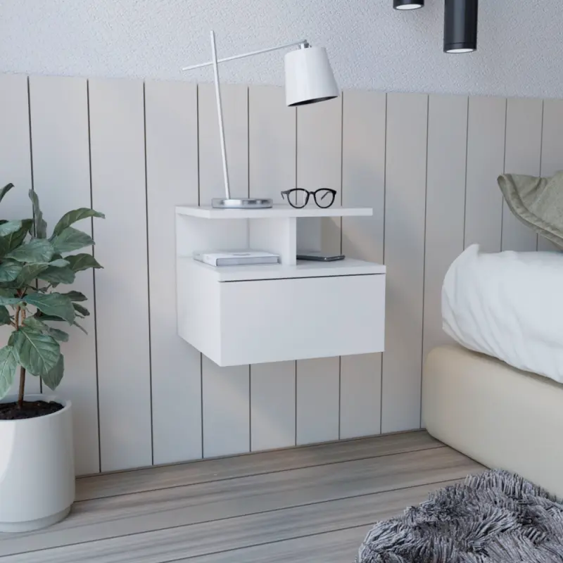 Adele Floating Nightstand End Table Side Table Drawer Open Top Shelves -White