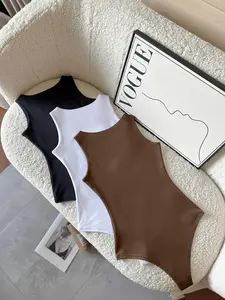 Women's Knitted Plain Round Neck Sleeveless Bodysuit Set, Comfortable Slim-Fitting All-Season Wear, Casual Daily Use