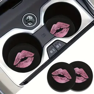 Lips Print Pattern Car Coasters, Round Anti-slip Car Cup Holder Mat, Car Interior Decoration Accessories for Women, Car Trinkets, Car Interior Decorative, Car Interior Ornaments