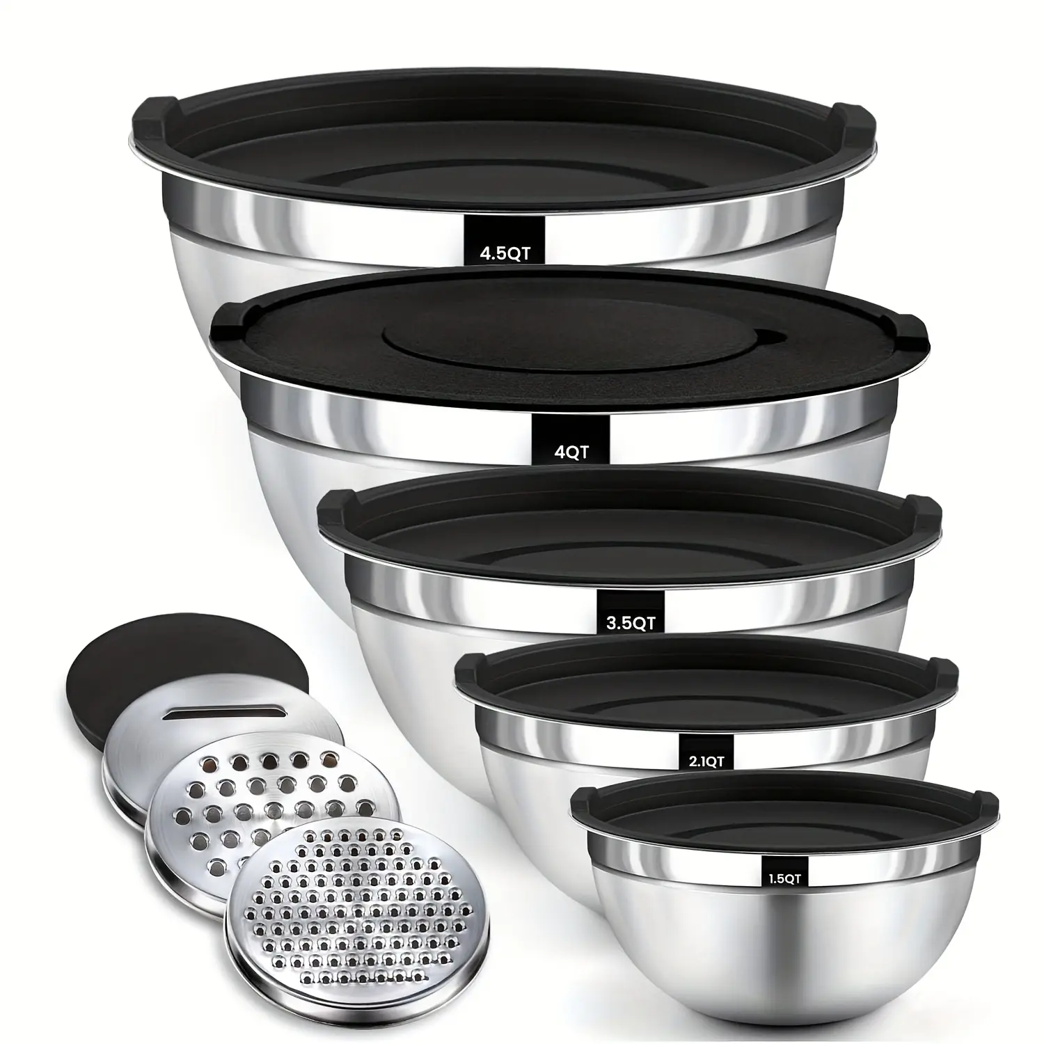 5 pcs Stainless Steel Mixing Bowls With Lids, 3 Grater Attachments, Stackable Mixing Bowls For Salad, Fruit, Pasta & Baking, Outdoor Safe, Round Shape, Novelty Kitchen Cooking Tools,Size 1.5/2.1/3.5/4/4.5 QT,home essentials