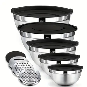 5 pcs Stainless Steel Mixing Bowls With Lids, 3 Grater Attachments, Stackable Mixing Bowls For Salad, Fruit, Pasta & Baking, Outdoor Safe, Round Shape, Novelty Kitchen Cooking Tools,Size 1.5/2.1/3.5/4/4.5 QT