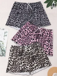 Women's Plus Size Knitted Sleepwear Set, Leopard Print Shorts, Loose-Fitting Home Wear Loungewear, All Season Casual, Pajama Set, Sleepwear Pajamas Set
