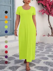 ✨ Plus Size Women's Solid Minimalist Short Sleeve Round Neck Dress, Loose Straight Long Fat Hiding Casual Maxi Dress