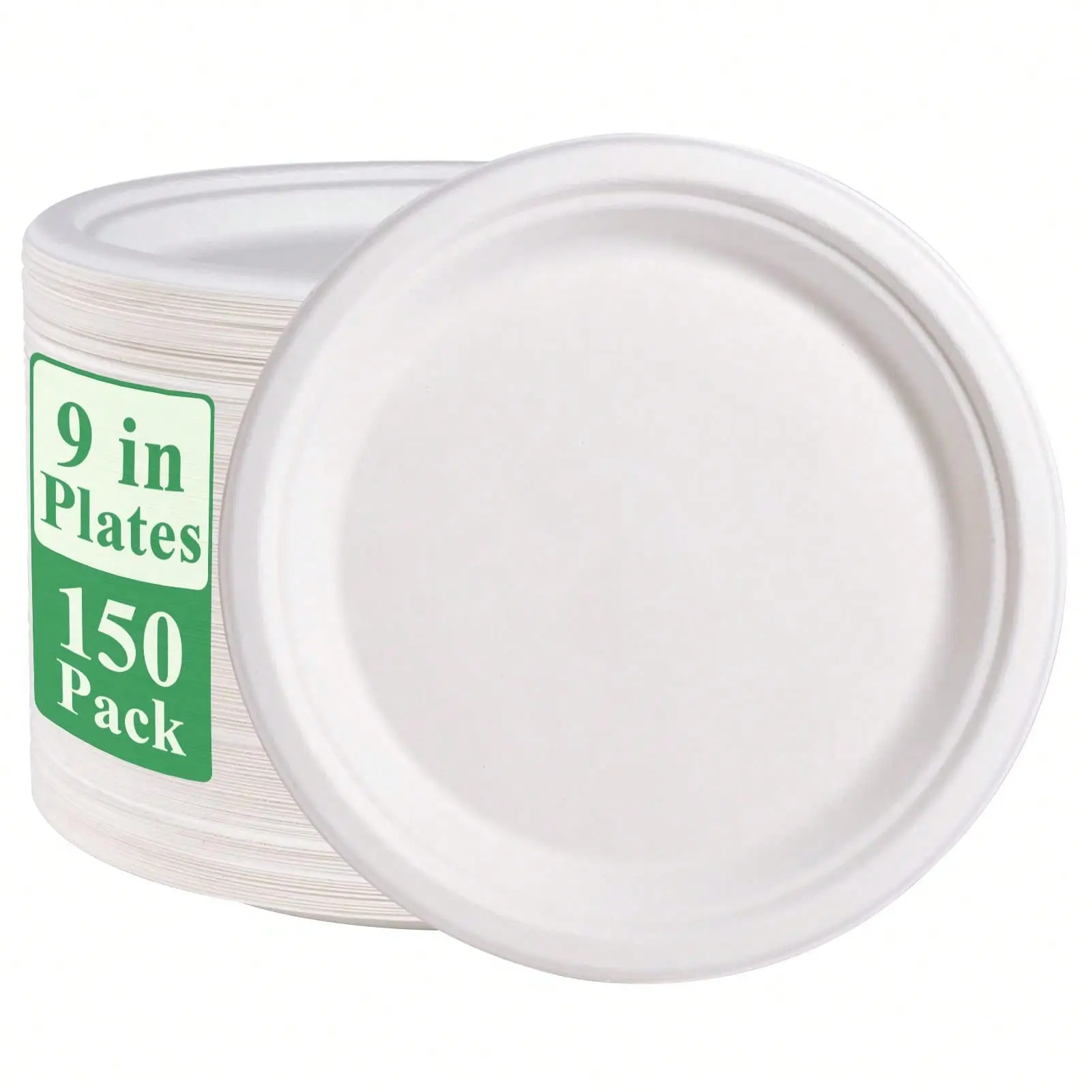 150 Pack Paper Plates 9 inch 100% Compostable, Heavy-Duty Disposable Paper Plates Bagasse Natural Compostable Friendly Sugarcane（White）