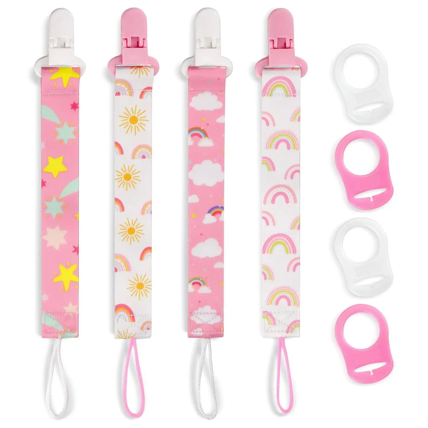 4 Pack Silicone Pacifier Clips for Boys & Girls – Universal Baby Dummy Holder with Adapter, BPA-Free Binky Clips for Teething Toys, Newborn Essentials, Baby Shower Gift Set