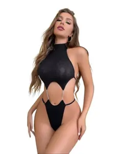 Women’s Sexy Leopard Print Halter Neck Bodysuit - Sleeveless High Neck Cut Out Stretchy Soft Comfortable Fabric Backless Teddy Lingerie with Side Chain Detail, Black Red Intimate Apparel for Party, Valentine Gift