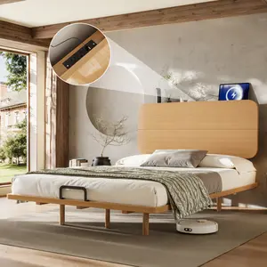 [Bellemave] Solid Bamboo Platform Bed with USB Ports, Floating Bed Frame with Headboard, No Box Spring Needed﻿
