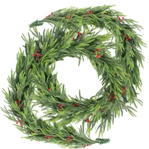 Nafresh 6ft /9ft Real Touch Norfolk Pine Garland, 1pack/2pack Realistic Faux Christmas Garland with Red Berries for Fireplace Table Stair Window Front Door Decor
