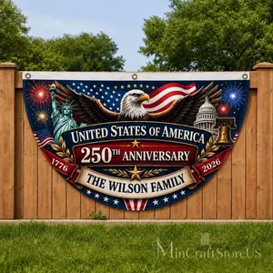 Custom 250th Anniversary Semicircle Fence Flag, Personalized Family Name Patriotic Banner, USA 1776 2026 Outdoor, Independence Day Decor
