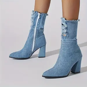 FIFSY Women's Light Blue Denim Cutout Thigh-High Boot - 8.5cm Heel Platform, Pointed Toe, Ankle Support, Elegant Casual Party Wear, All-Seasons Footwear for Outdoor Activities