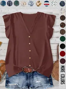 Women's Casual Solid Color Ruffle Fitted Blouse, Versatile for Outings, Christmas, Halloween, Autumn/spring Top, Stylish & Comfortable