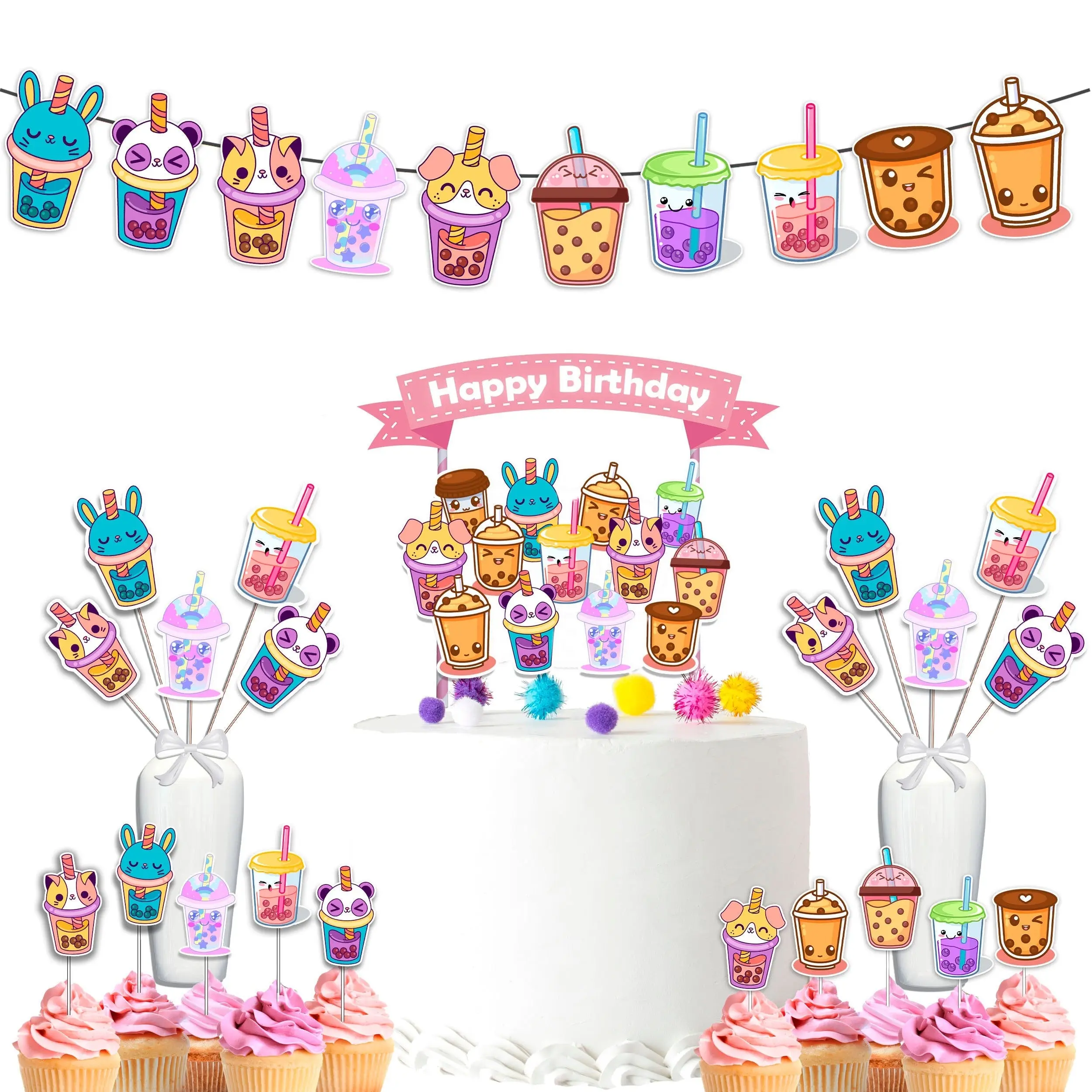 Sweet Boba Birthday Party Decor Set - Kawaii Cake Topper, Cupcake Toppers, Centerpieces & Banner - Bubble Up with Joy for a Tea-riffic Celebration