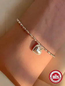 S925 Sterling Silver Heart Charm Bracelet, Fashionable Jewelry for Women & Girls, Trendy All-match & Exquisite Jewelry for Birthday Gift