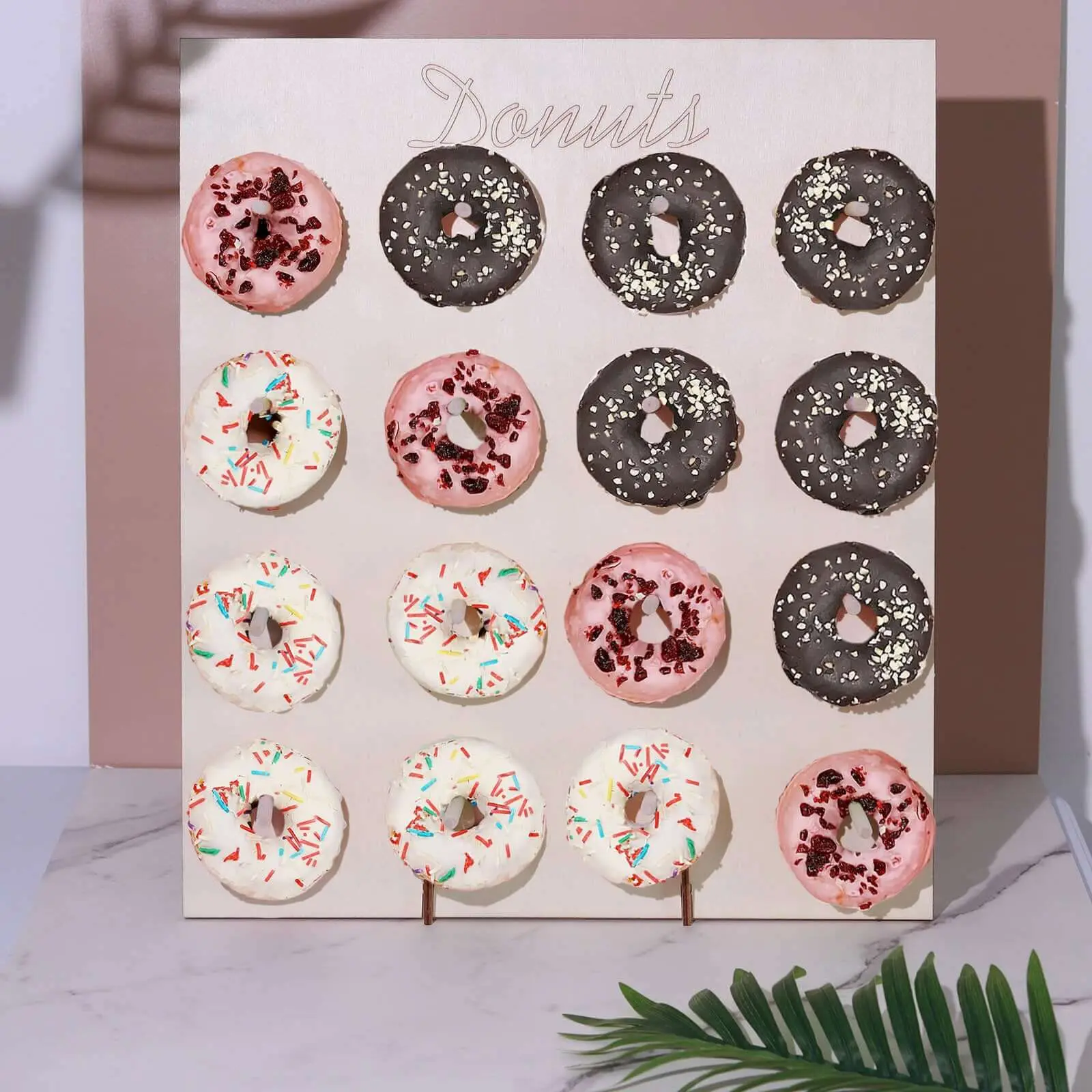 19 In Natural Wooden Rectangle Donut Wall Stand, Home Supplies Wall Mount Dessert Display Holder with Detachable Poles, Space-Saving Pegboard for Rustic Boho Vintage-Inspired Event Display