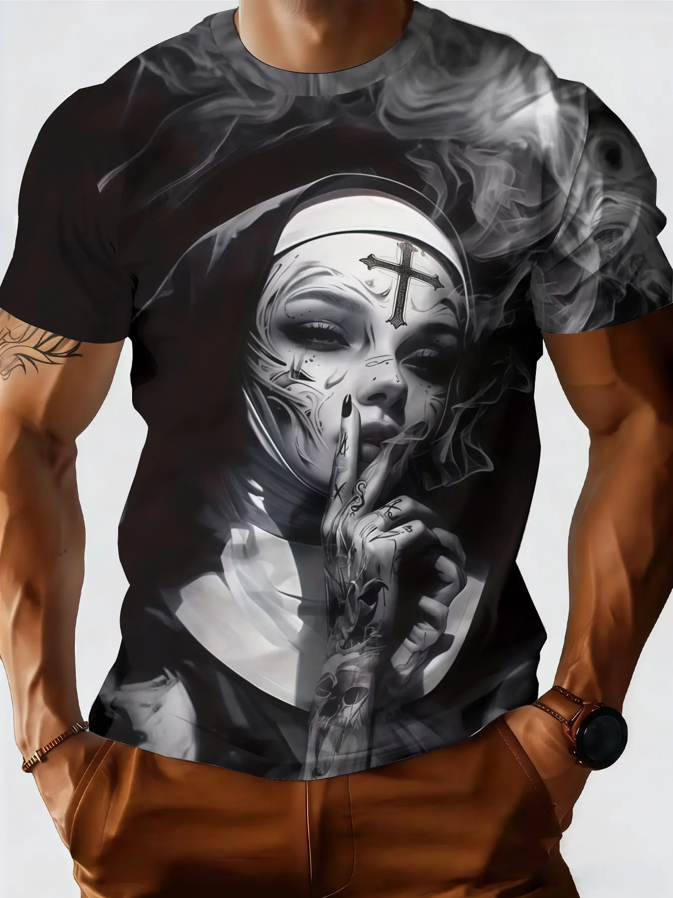 Men's T-Shirt, 3D Full-Body Abstract Nun Print, Short Sleeve Round Neck Casual Top, Nun-Themed Design, Machine Washable, Suitable for Casual Attire Parties & Themed Events, Non-Opaque