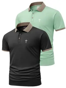 Men's Cross Print Polo Shirt, Regular Fit Casual Short Sleeve Half Button Top for Summer, Fashion Men's Clothes for Daily Wear, Tropical, Menswear