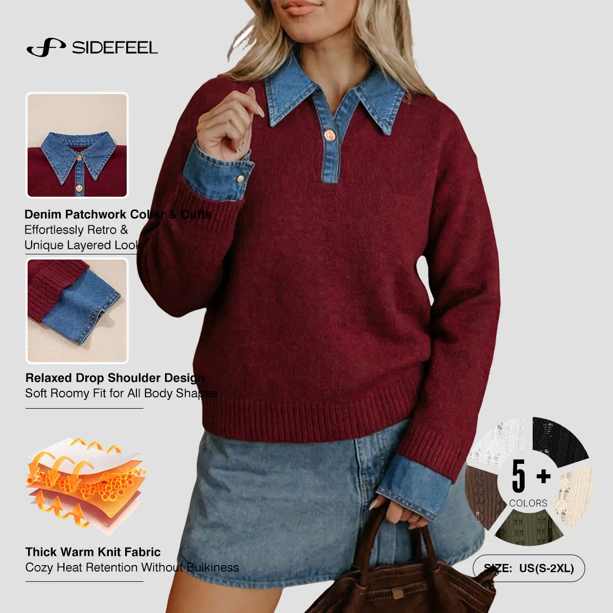 Sidefeel Women Oversized Patchwork Polo Chunky Knit Sweater, Denim Collar & Cuffs Long Sleeve Warm Fall Winter Tunic Pullover