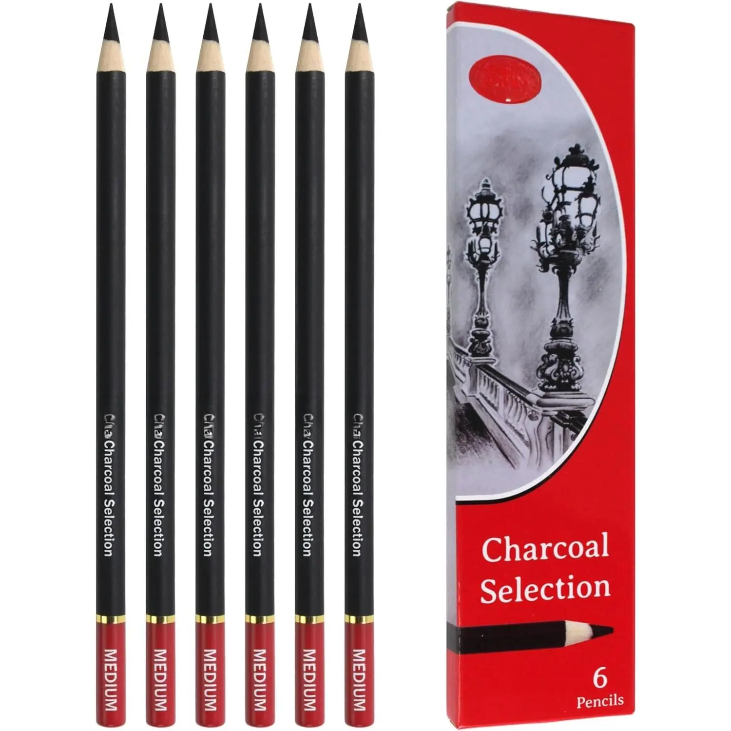 Professional Medium Charcoal Pencil Drawing Set - Set of 6 Pre-Sharpened Black Charcoal Pencils;  for Drawing, Sketching, Blending and Shading