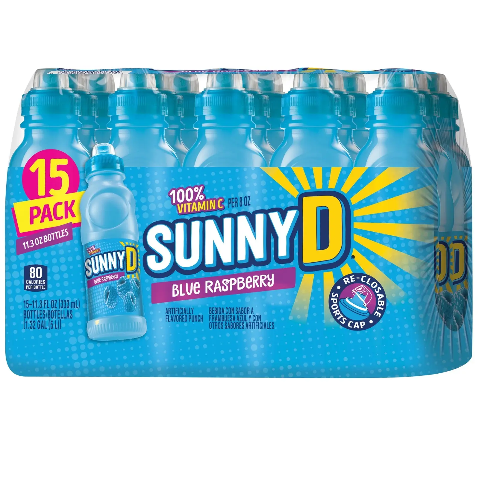 SUNNYD Blue Raspberry Shelf Stable Juice Drink, 15 Count, 11.3 fl oz Bottles New