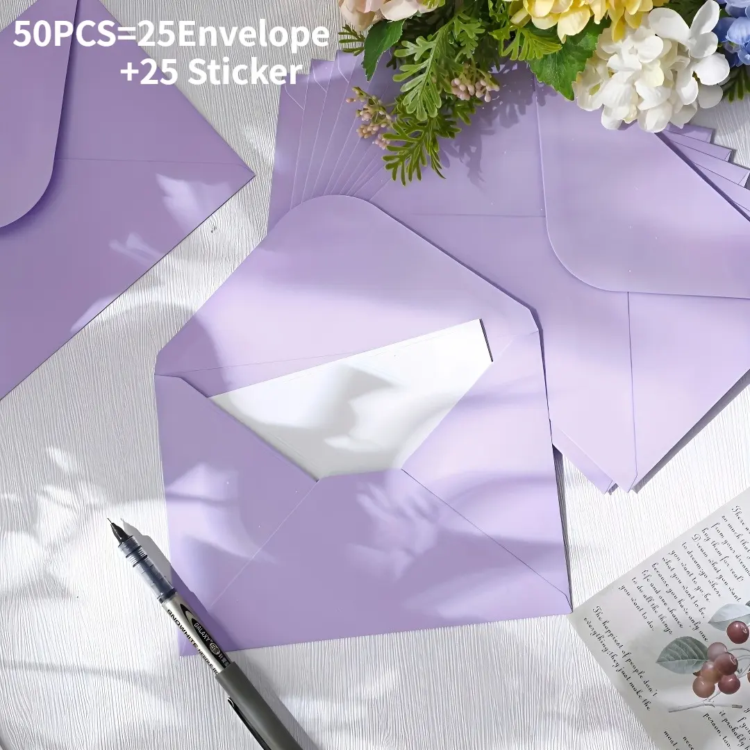 50 Pieces Including 25 Envelopes+25 Stickers Environmentally Friendly Paper, Suitable for Business Invitations, Thank-you Cards, Holiday Greetings, Christmas and Halloween Gifts Such As Weddings, Birthdays, Graduation Ceremonies, Etc. Elegant Purple